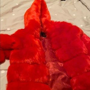 red fur coat with hood